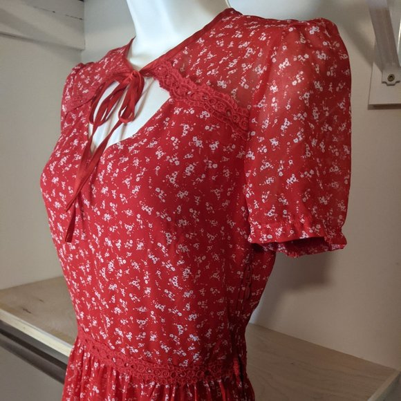 H&M Red and White Floral Print Dress with Ribbon Neck Tie - Picture 1 of 6